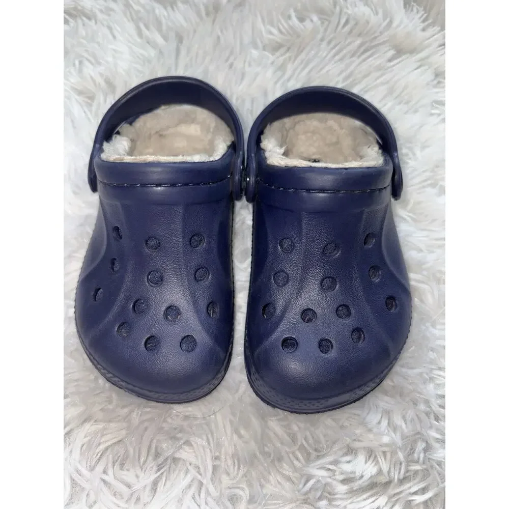 Crocs Furry Lined Toddler 6/7 Blue Slip On Mules. Classic, Grt. Shape